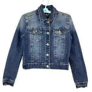 Amethyst Girls Blue Stretch Denim Jacket Size Large Long Sleeve Two Flap Pockets